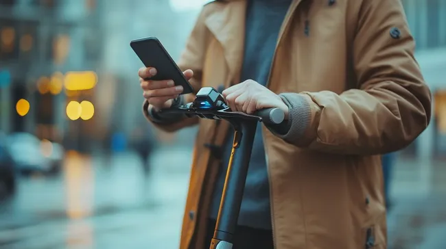 Geschäftsmann mietet E-Scooter in der Stadt per Smartphone