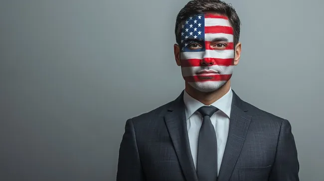 Geschäftsmann mit amerikanischer Flagge auf dem Gesicht