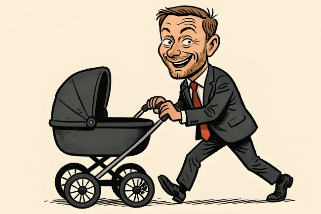 Geschäftsmann mit Kinderwagen auf Spaziergang