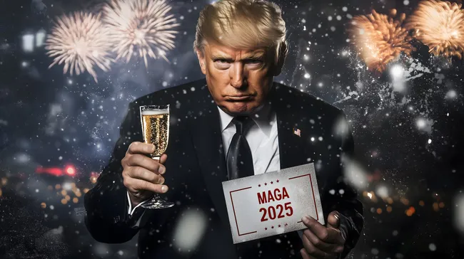 Geschäftsmann mit Sekt feiert MAGA 2025 auf Silvester