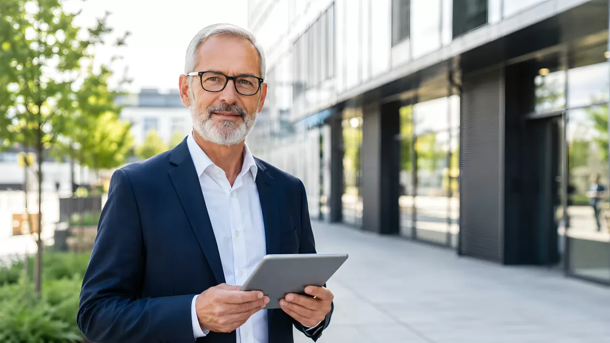 Geschäftsmann mit Tablet vor modernem Bürogebäude