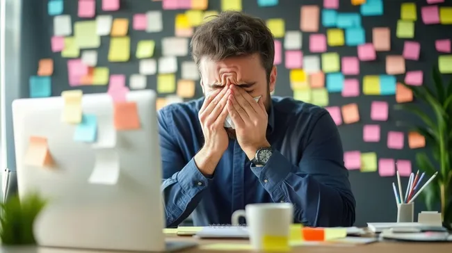 Geschäftsmann niest am Arbeitsplatz mit Post-its