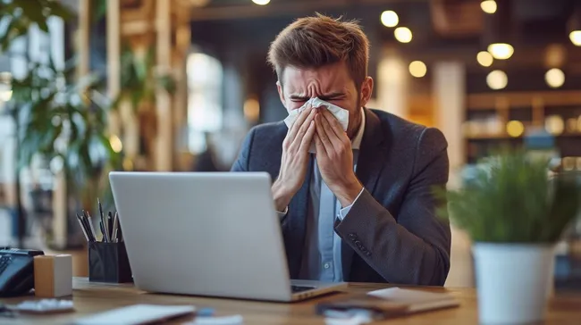 Geschäftsmann niest am Laptop im modernen Büroumfeld