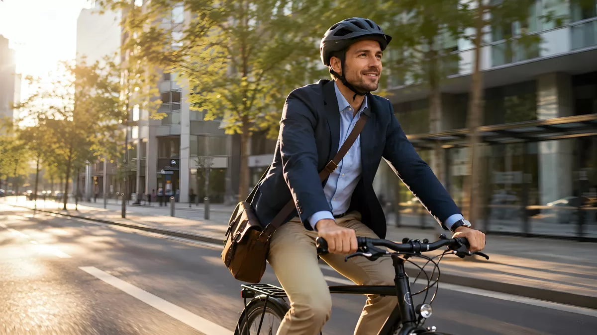 Geschäftsmann pendelt lächelnd mit Fahrrad durch die Stadt