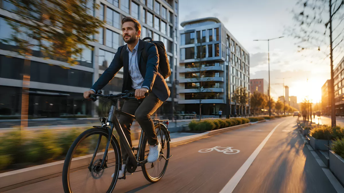 Geschäftsmann pendelt mit Fahrrad durch die Stadt