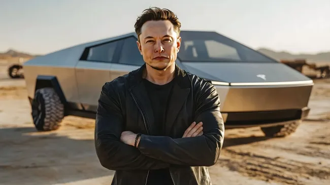 Geschäftsmann posiert vor futuristischem Tesla Cybertruck