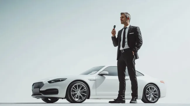 Geschäftsmann präsentiert Auto-Schlüssel vor Luxusfahrzeug