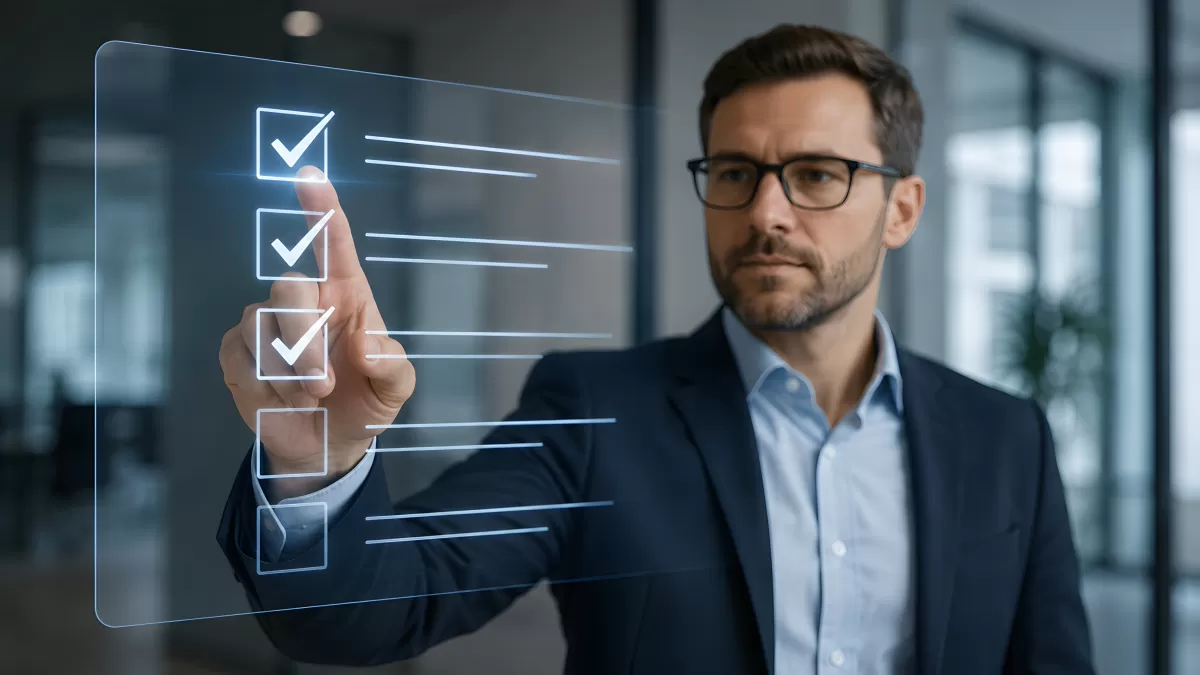 Geschäftsmann prüft digitale Checkliste im Büro