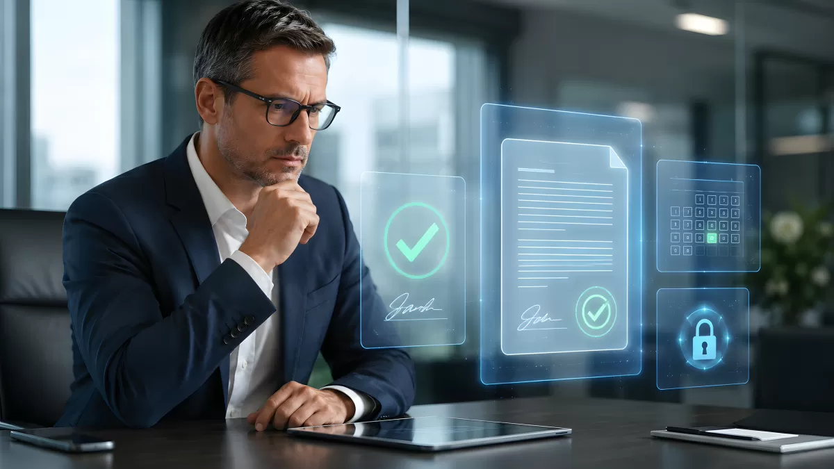 Geschäftsmann prüft digitale Vertragsunterlagen im Büro
