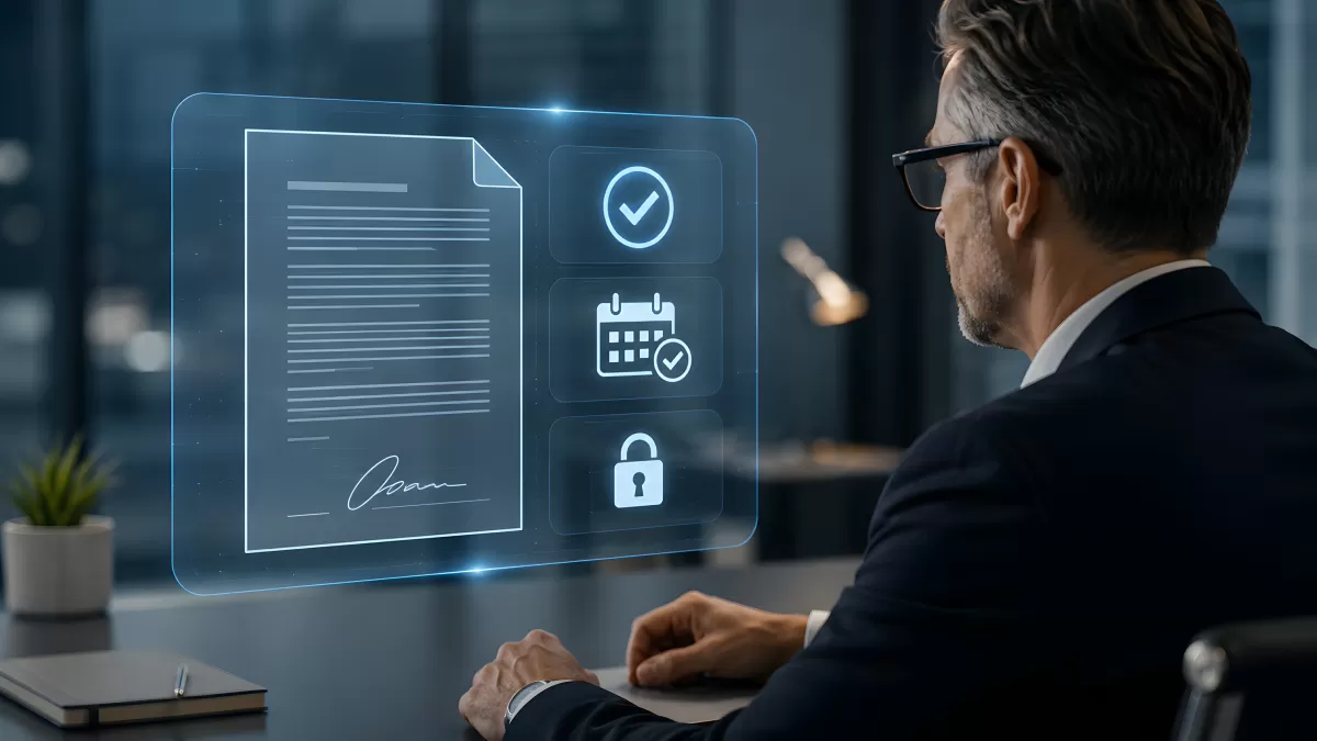 Geschäftsmann prüft digitalen Vertrag mit Hologramm