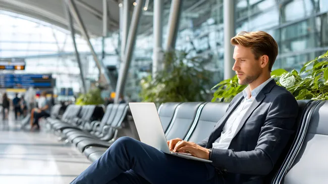 Geschäftsmann sitzt im Flughafen-Wartebereich mit Laptop