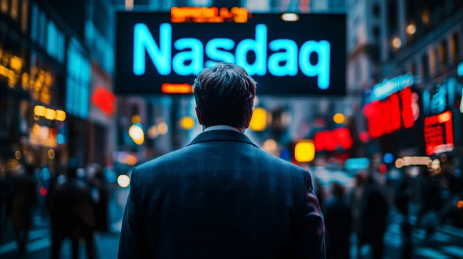 Geschäftsmann steht vor großer Nasdaq-Anzeige in New York