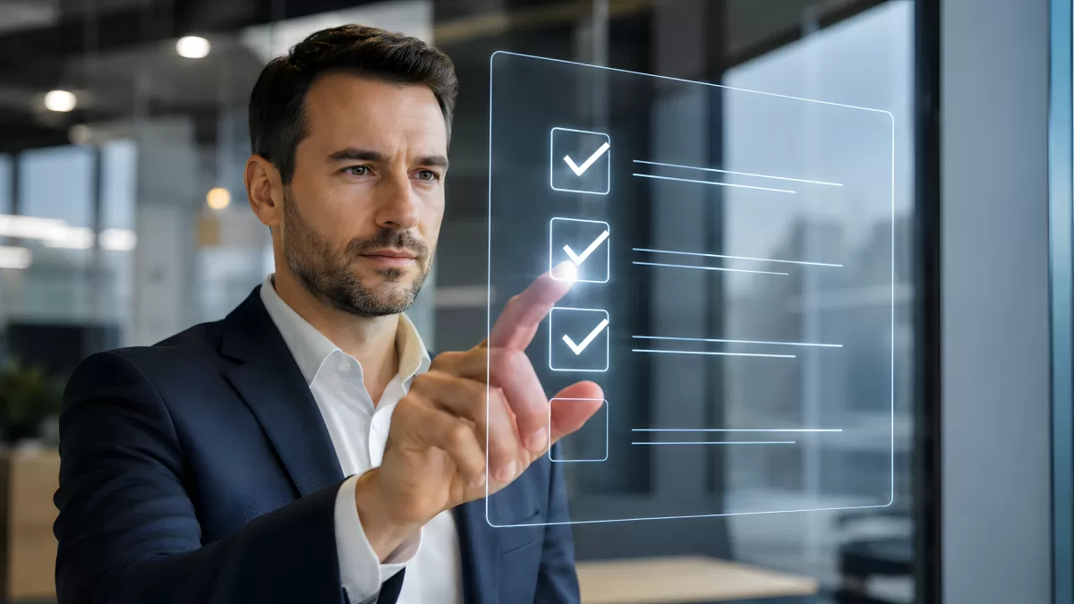 Geschäftsmann tippt auf digitale Checkliste im Büro