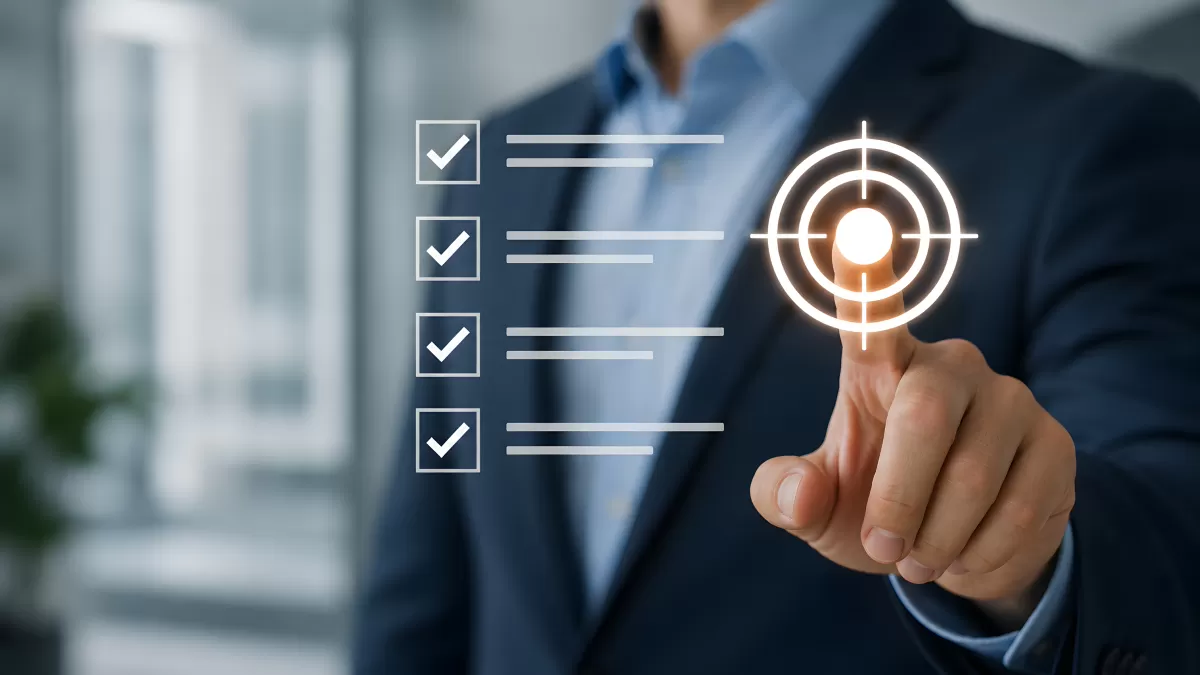 Geschäftsmann tippt auf digitale Checkliste mit Zielscheibe