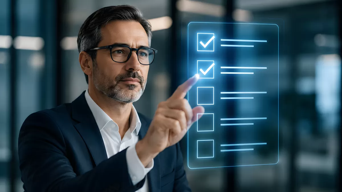 Geschäftsmann tippt auf digitale Checkliste