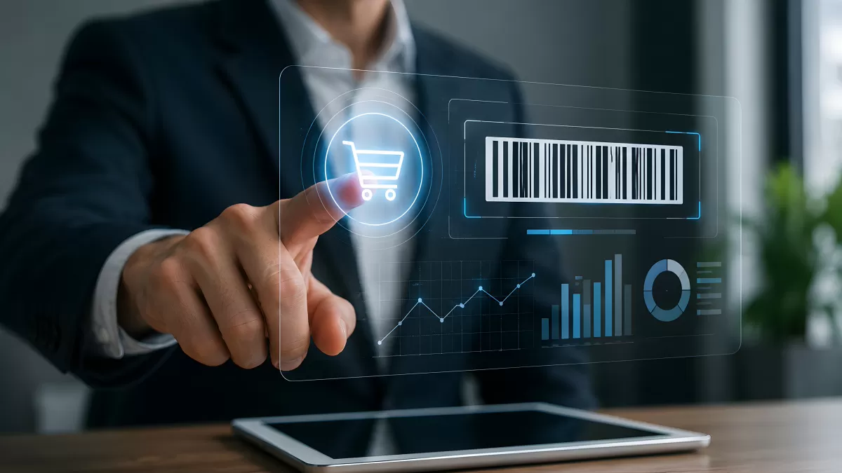 Geschäftsmann tippt auf digitales Einkaufs-Interface