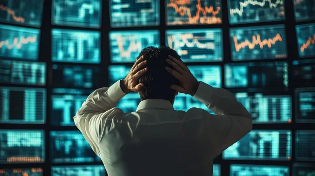 Geschäftsmann vor Börsenindikatorbildschirmen in Verzweiflung