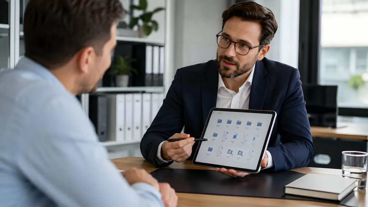Geschäftsmann zeigt Kollegen Präsentation auf Tablet