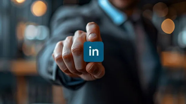 Geschäftsmann zeigt LinkedIn-Symbol im Büroumfeld