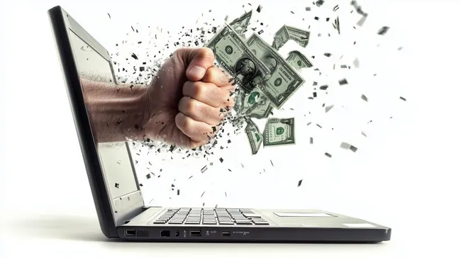 Geschäftsmann zerschmettert Laptop und lässt Geldscheine fliegen