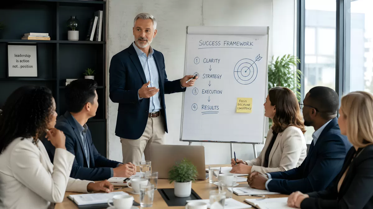 Geschäftsmeeting mit Erfolgsstrategie-Präsentation im Büro