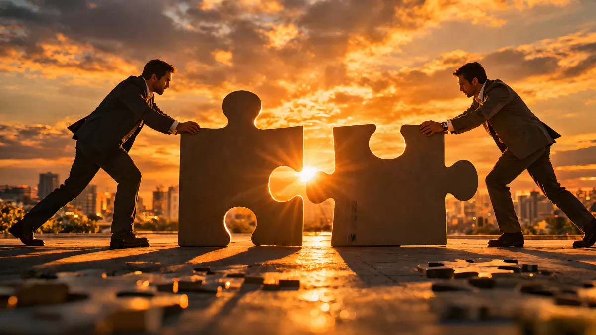 Geschäftspartner finden Lösung in dramatischer Abendsonne