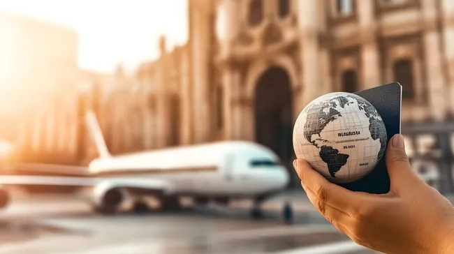 Geschäftsreise: Reisepass und Globus vor Flugzeug am Flughafen