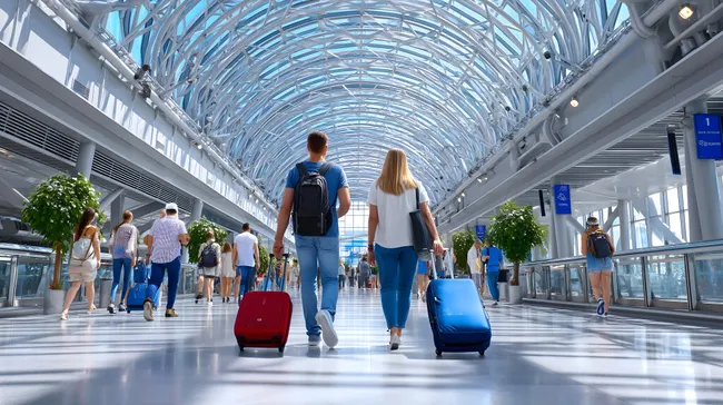 Geschäftsreisende mit Gepäck in moderner Flughafenhalle