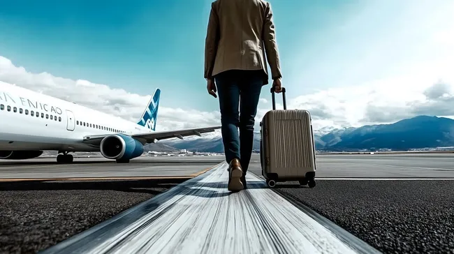 Geschäftsreisender geht zum Flughafen mit Koffer