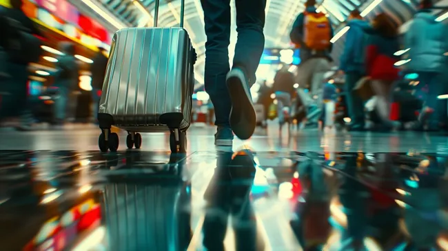 Geschäftsreisender mit Gepäck in Flughafenumgebung