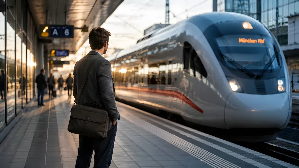 Geschäftsreisender wartet auf Zug nach München