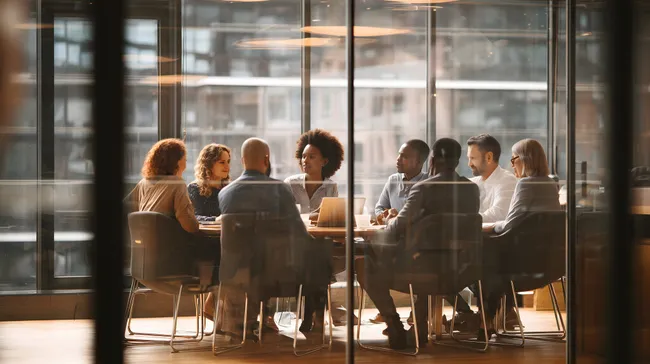 Geschäftsteam bei moderner Bürotagung in Glaswänden