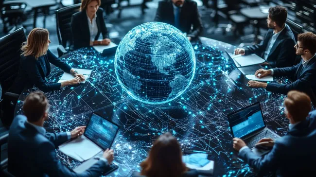 Geschäftstreffen mit digitalem Globus und Technologievisualisierung