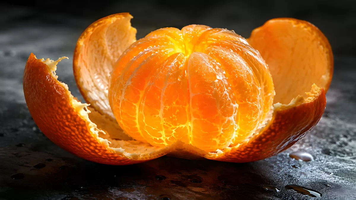 Geschälte Mandarine mit aufgefächerter Schale auf dunklem Untergrund