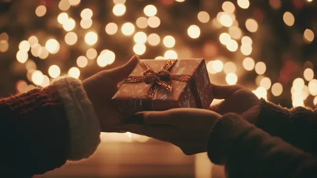 Geschenk in festlicher Umgebung mit Lichterketten