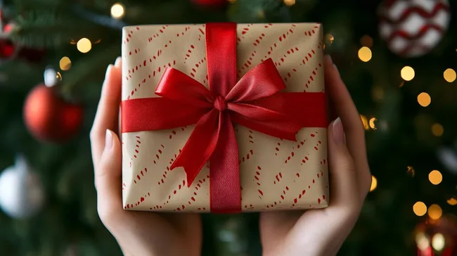 Geschenk mit roter Schleife zu Weihnachten