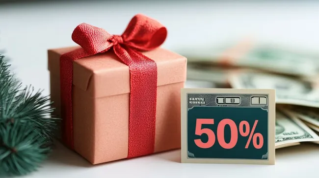 Geschenkbox mit 50% Rabattsymbol und Bargeld für Werbung