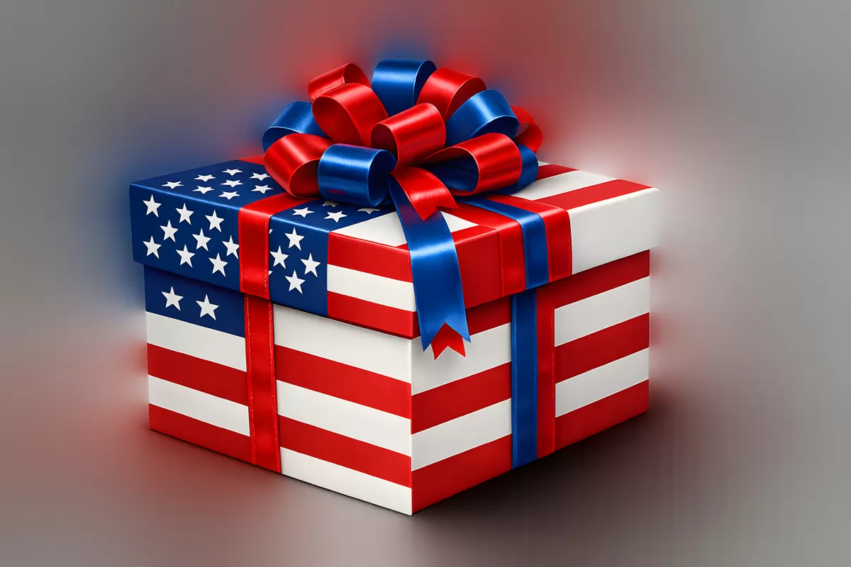 Geschenkbox mit amerikanischem Flaggen-Muster und Schleife