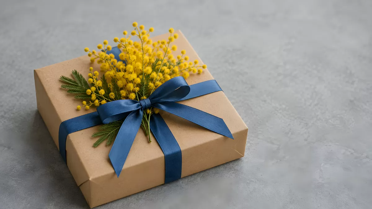 Geschenkbox mit blauer Schleife und Mimosenzweigen