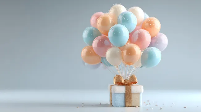 Geschenkbox mit bunten Luftballons auf hellem Hintergrund