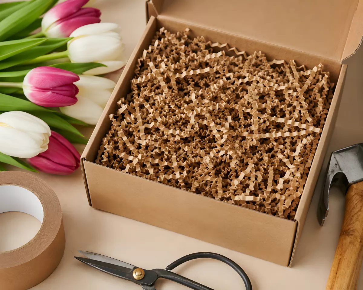 Geschenkbox mit Füllmaterial und Tulpen zum Verpacken