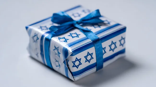 Geschenkbox mit israelischer Flagge und Schleife