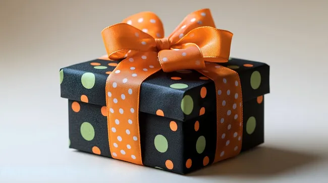 Geschenkbox mit oranger Schleife und Punkten