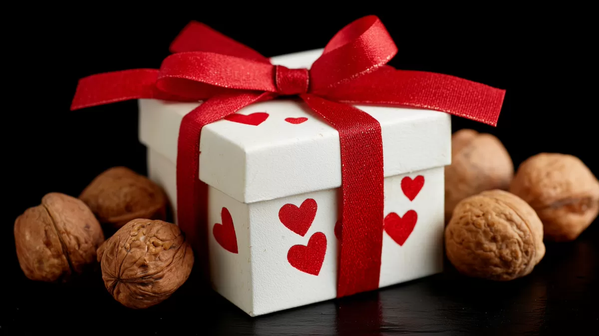 Geschenkbox mit roten Herzen und Nüssen