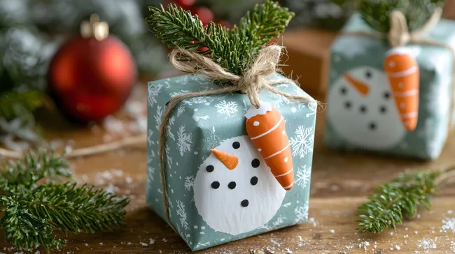 Geschenkbox mit winterlichem Schneemann-Motiv