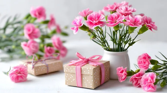 Geschenkbox und Nelkenstrauß für Muttertag oder Geburtstag