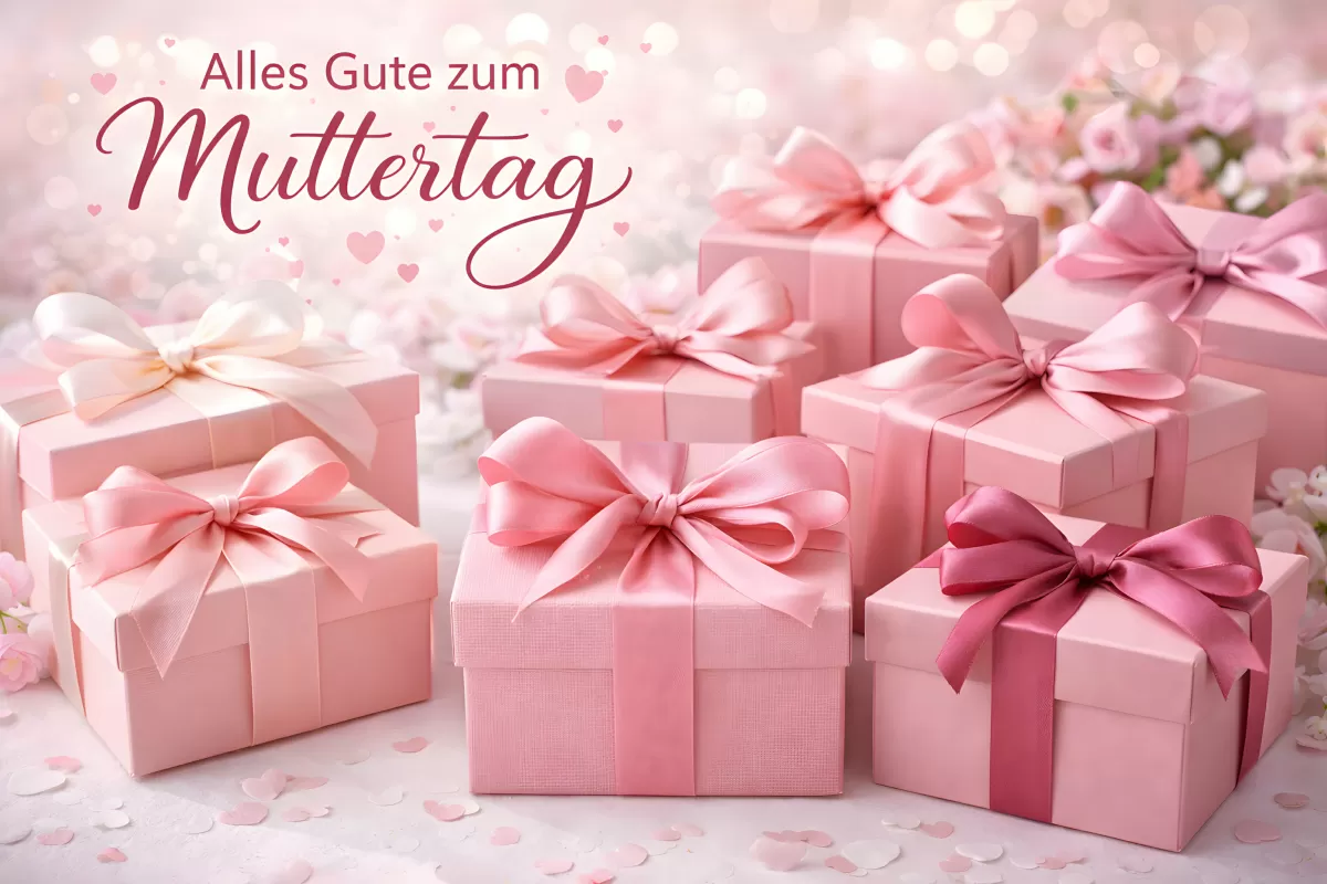 Geschenkboxen mit rosa Schleifen und Blüten zum Muttertag