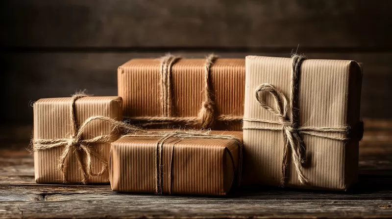 Geschenke in Packpapier mit Naturkordel auf Holz