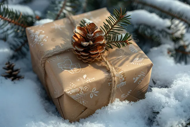 Geschenkpaket im winterlichen Ambiente