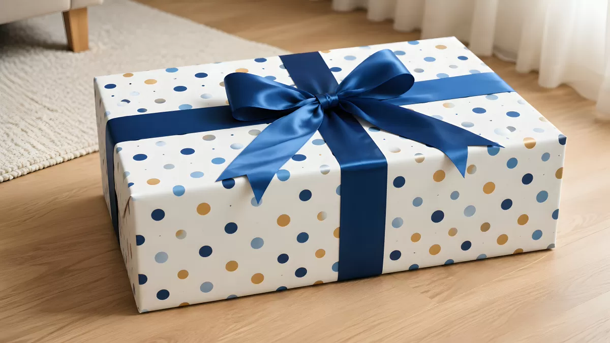 Geschenkpaket mit blauer Schleife auf Holzboden